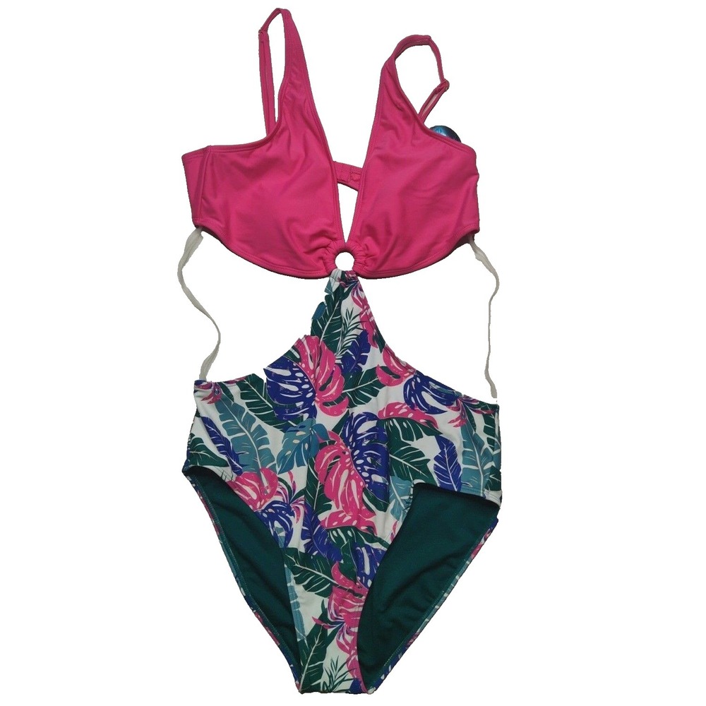 Decree Women XL Floral Leaf Print Medium Coverage Pink One Piece Swimsuit NEW